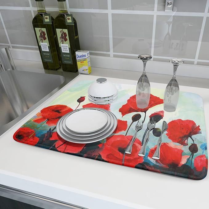 Red Watercolor Flower Dish Drying Mat - Image 6