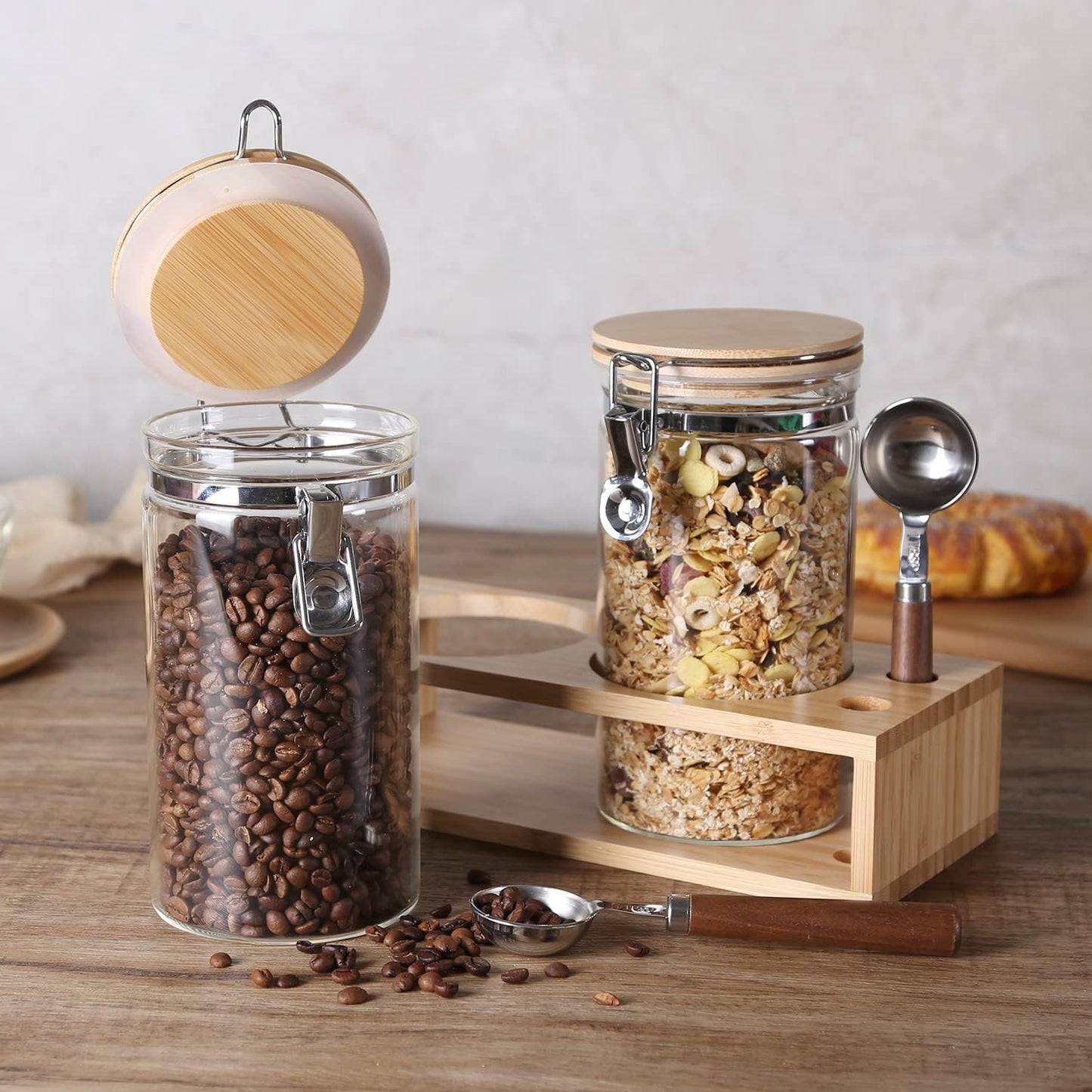 KKC Glass Coffee and Sugar Containers with Airtight Hinged Lids,Sealed Glass Jar Canisters with Scoops for Ground Coffee,Beans,Loose Leaf Tea,Nuts,Matcha,40 Fl oz