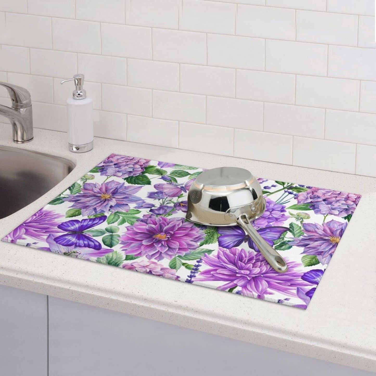 Purple Hydrangea Flowers Dish Drying Mat,Butterfly Floral Drying Rack Pad Countertop Dishes Ultra Absorbent Microfiber Kitchen Counter Mat for Coffee Countertop Decor 18x24 Inch