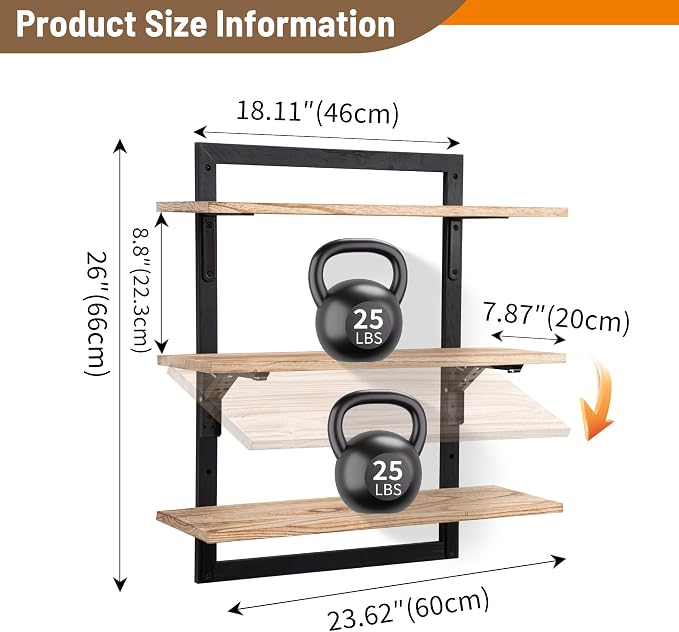 24-Inch Floating Shelves for Wall，3-Tier Wooden Wall Mounted Kitchen Shelves - Image 3