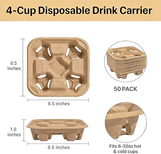 4 Cup Disposable Drink Carrier Trays, 50 Pack Wheat Straw & Sugarcane Pulp - Image 2