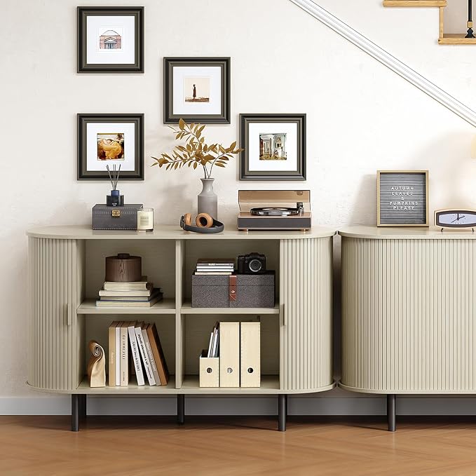 Buffet Cabinet with Storage, Fluted Sideboard Buffet with Sliding Door - Image 8