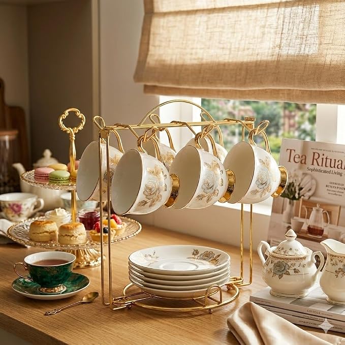 HOHIYA Gold Tea Cup and Saucer Stand 2 Pack Metal Teacup Holder Rack - Image 9