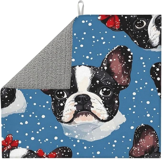 Dish Drying Mat For Kitchen Counter 16X18 Boston Terrier Red Bows Snowflakes - Image 3