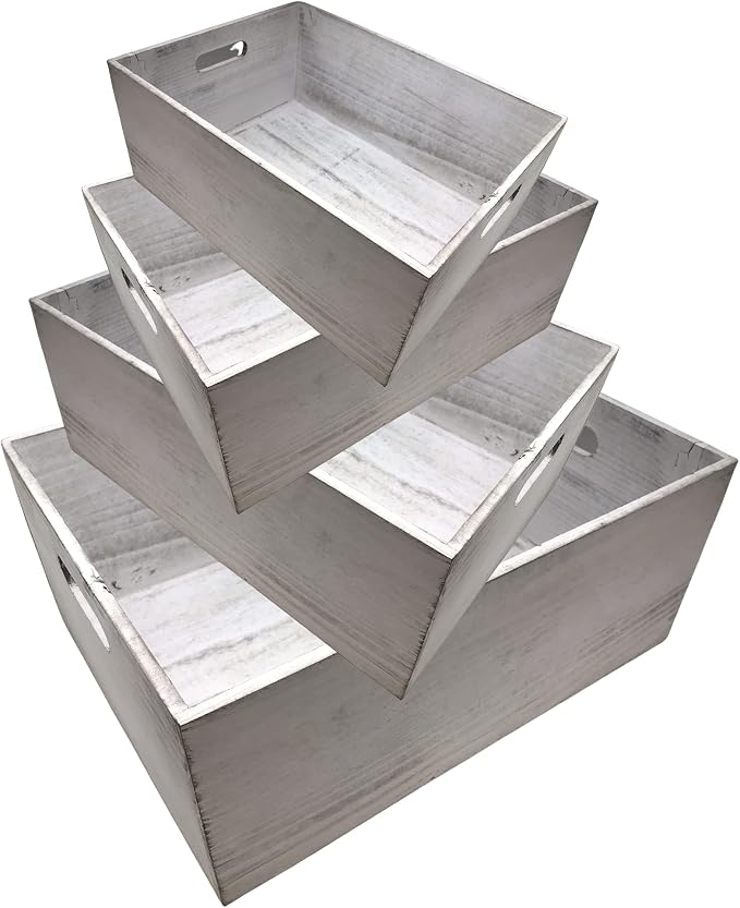 Oojami 4 Pack Nesting Wooden Storage Crates – Decorative Whitewashed Wood Boxes - Image 5