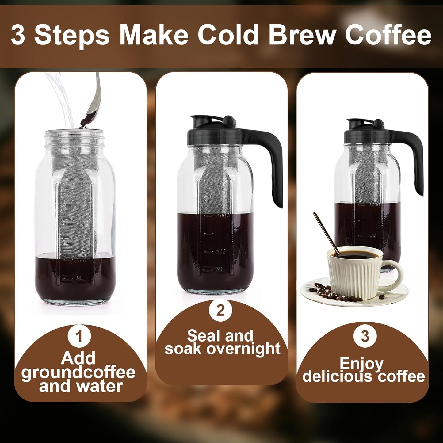 Cold Brew Coffee Maker Pitcher,32 Oz Glass Mason Jar Pitcher with V-shaped Pour Spout Handle Lid,Stainless Steel Filter for Iced Coffee,Iced tea,Breast Milk,Fruit Drinks,lemonade-Black