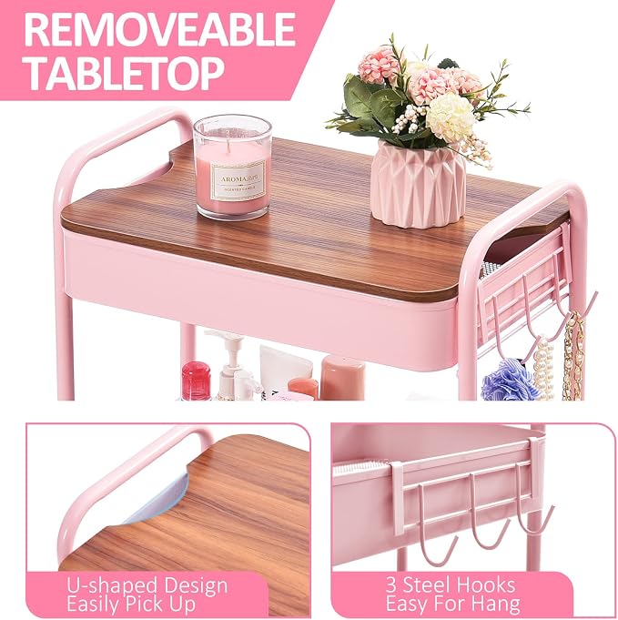 TOOLF 3-Tier Rolling Cart with Table Top, Metal Storage Cart on Wheels - Image 3
