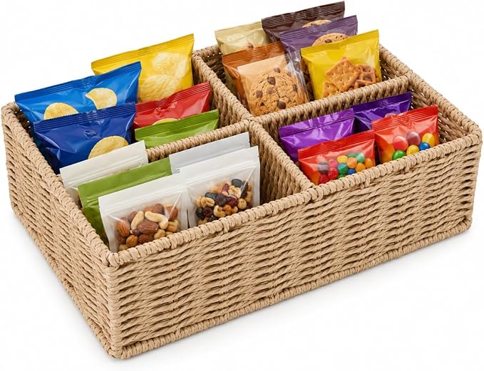 Paper Rope Woven Snack Organizer Basket, 4 Compartment Countertop Storage Bin by Unknown