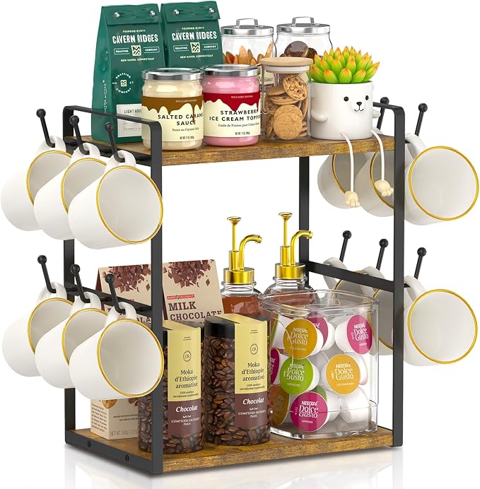 EsLuker.ly Coffee Station Bar Organizer Mug Holder Stand Countertop, 2 Tier Mug by EsLukerly
