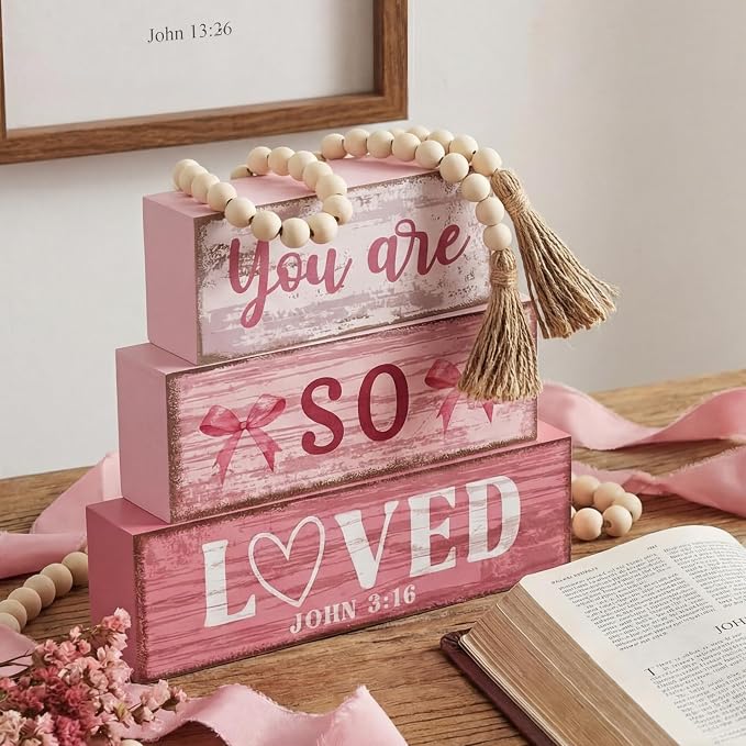 Yuntau 4 Pcs Pink Bow Decor Christian Table Decor Wooden Block Signs You Are So - Image 2