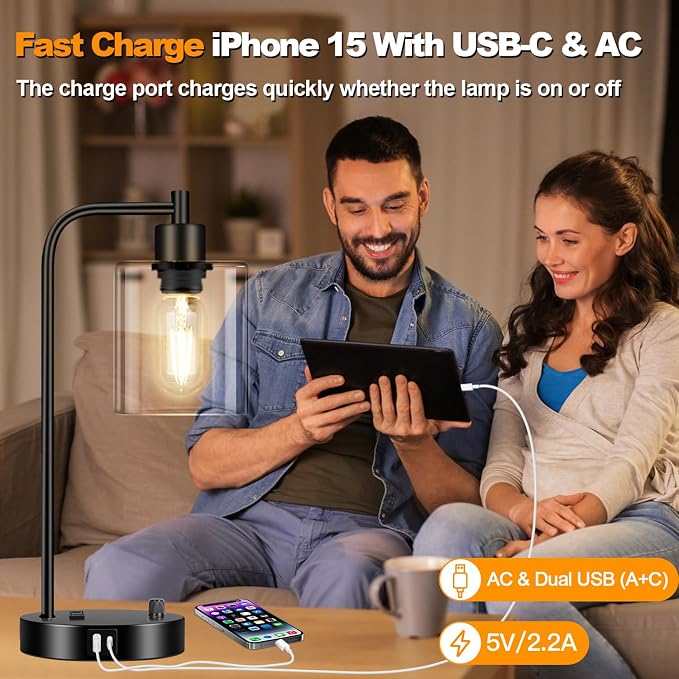 Industrial Table Lamp with USB A+C Ports and Outlet, Fully Stepless Dimmable - Image 6