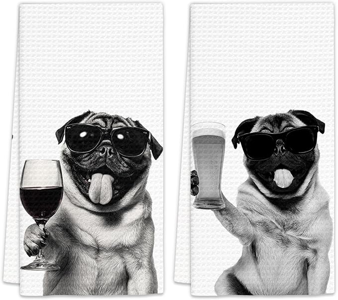 Gifts for Pug Dog Wine Lovers Kitchen Towels Set of 2, Pug Gifts Wine by FIicy