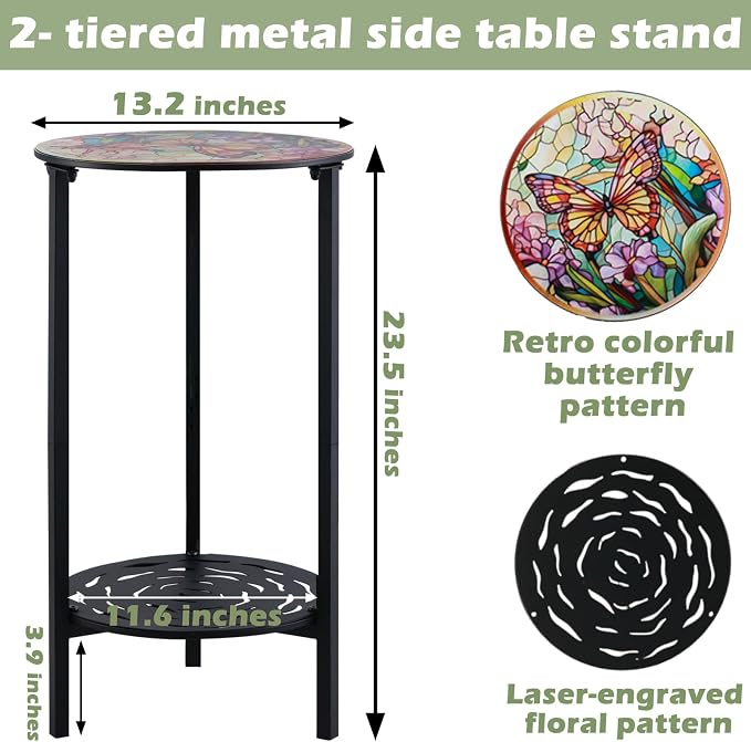 2 Packs Two-Tier Metal Round Side Table Set of Two Black Accent Coffee Tables - Image 3
