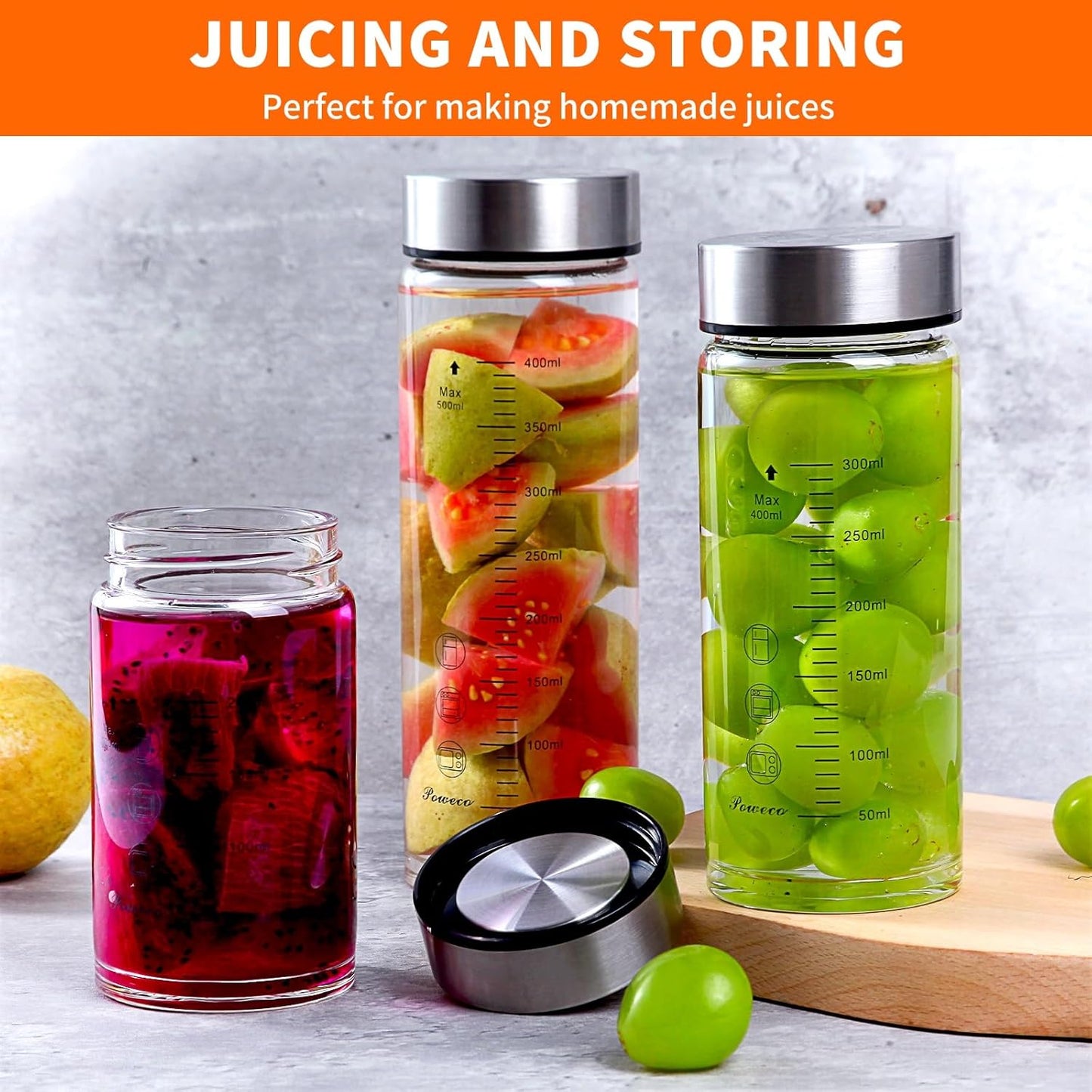 Glass Juice Bottles 6 Pack 10 oz - Wide Mouth Glass Water Bottles with Lids - for Juicing, Protein, Smoothie, Milk, Reusable, BPA Free, Stainless Steel Lids, Blender, Shaker Bottle (10oz/300ml)