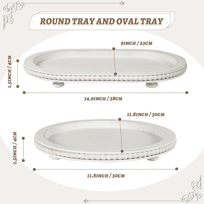 Urban Deco Wooden Tiered Tray, Oval and Round Tray Set of 2, Farmhouse Vintage - Image 3