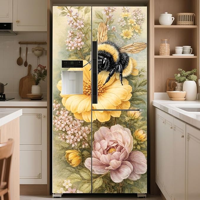 2 Pcs Bee Flower Removable Refrigerator Wraps, Self-Adhesive Vintage Floral Bee - Image 5