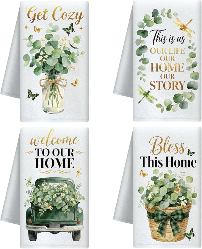 CUTHOLLOW Eucalyptus Leaves and New Home Decorative Kitchen Towels Set of 4 by CUTHOLLOW