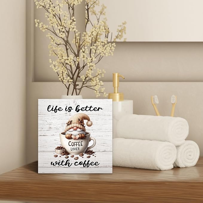 Rustic Coffee Gnomes Wood Box Sign Desk Decor, Coffee Lovers Gift Life Is Better - Image 4
