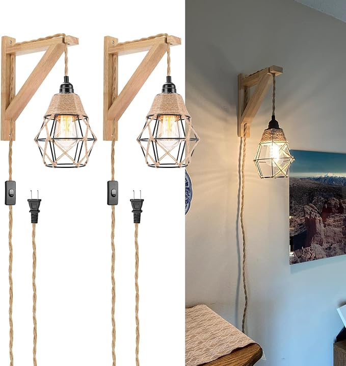 Frideko Wood Wall Sconces Set of Two Plug in, Rustic Wall Lamp by FRIDEKOHOME