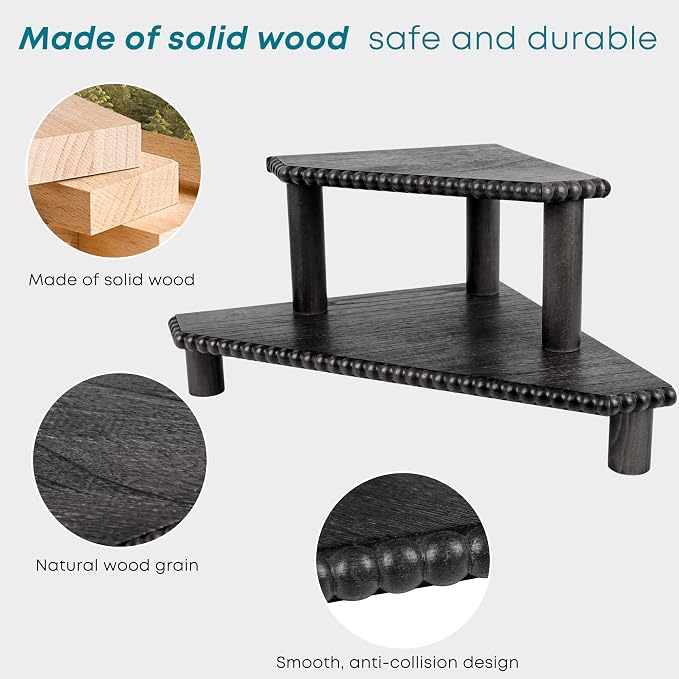 2-Tier Rustic Corner Shelf for Kitchen Counter, Wood Beaded Farmhouse - Image 5