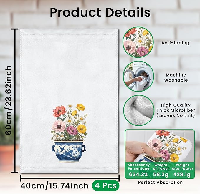 CUTHOLLOW Blue & White Porcelain Bonsai Decorative Kitchen Towels Set of 4 - Image 2