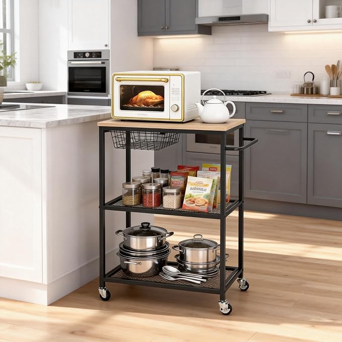 Rolling Kitchen Cart with Wood Tabletop, 3 Tier Mobile Utility Cart with - Image 6