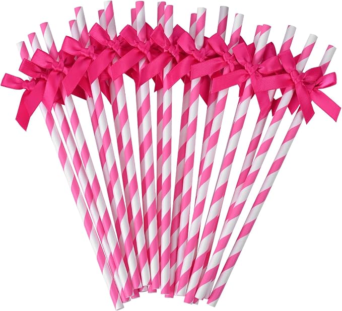 20pcs Rose Red Bow Straw, 7.7inch Biodegradable Cute Paper Cake Pops Treat by Nicime