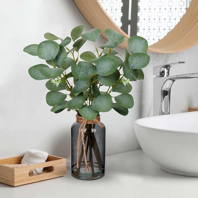 Briful Artificial Eucalyptus Stems in Black Glass Vase - Image 3