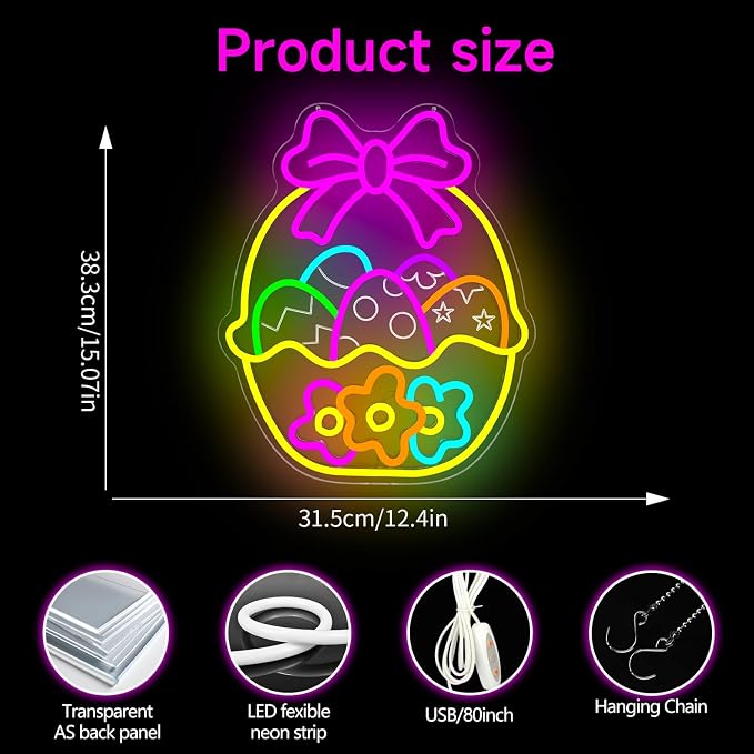 Easter Neon Sign for Wall Decor Flower Easter Basket Neon Light Egg Led Sign - Image 4