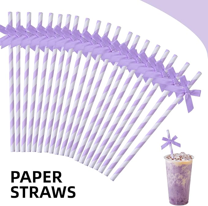 20pcs Kpop Purple Bow Straw, 7.7inch Biodegradable Cute Paper Cake Pops Treat - Image 3