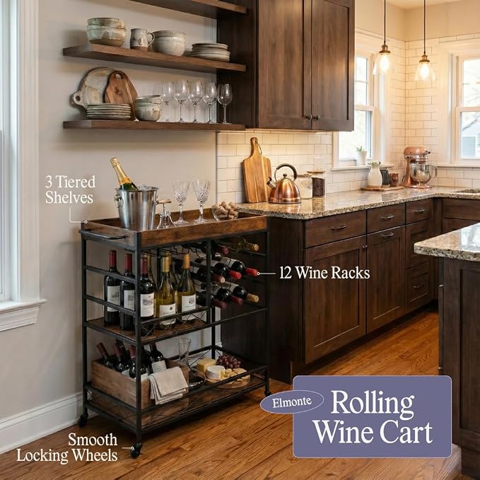 Elmonte Wine & Bar Cart with Wheels – 3-Tier Rolling Cart with 12-Bottle Rack & - Image 2