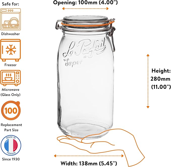 Le Parfait Super Jar 3L French Glass Preserving Jar w/Airtight Rubber Seal & - Image 5