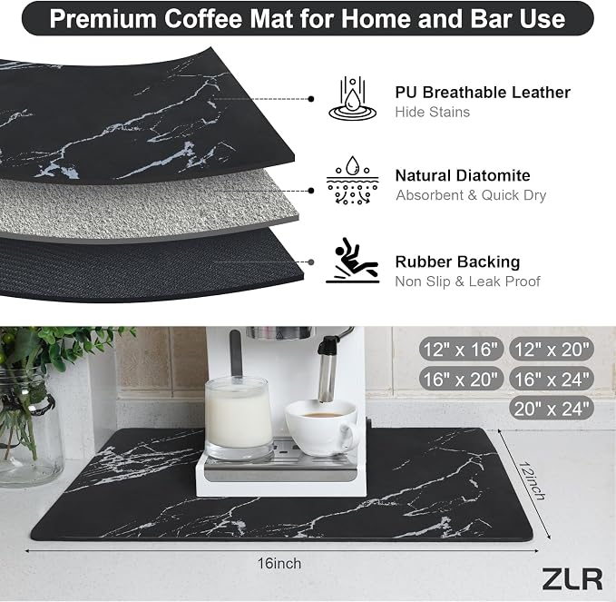 ZLR Coffee Bar Mat for Keurig & Nespresso, Marble Black | Absorbent Dish Drying - Image 2
