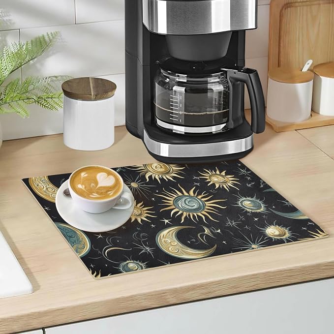 Star Moon Sun Constellation Black Coffee Mat Coffee Bar Maker Backed Absorbent - Image 5