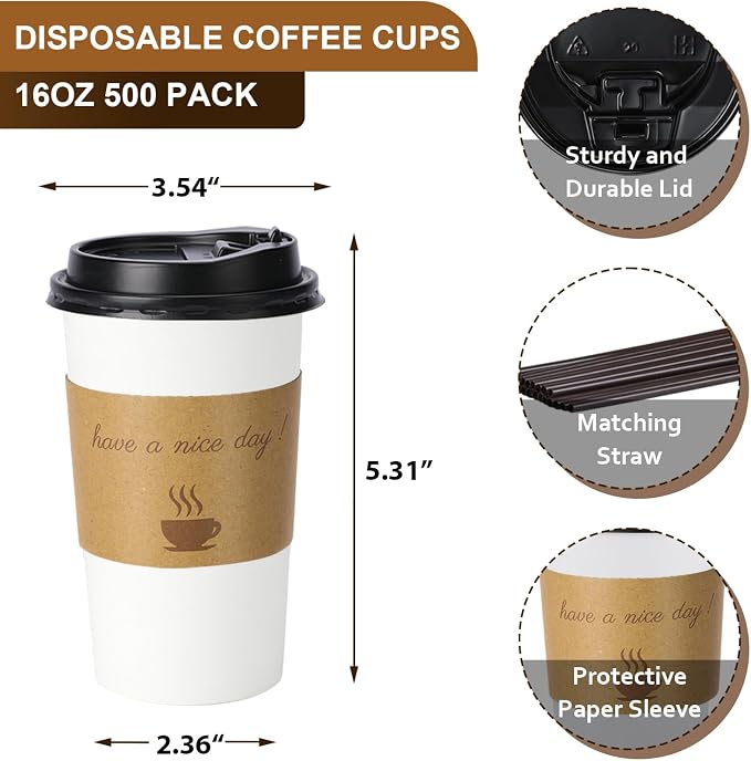 BYSNOW 500 pack 16 oz Disposable Paper Coffee Cups, Paper To Go Cups - Image 2