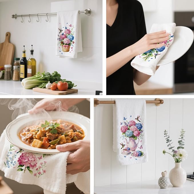 CUTHOLLOW Hydrangea and Hummingbirds Decorative Kitchen Towels Set of 4 - Image 4