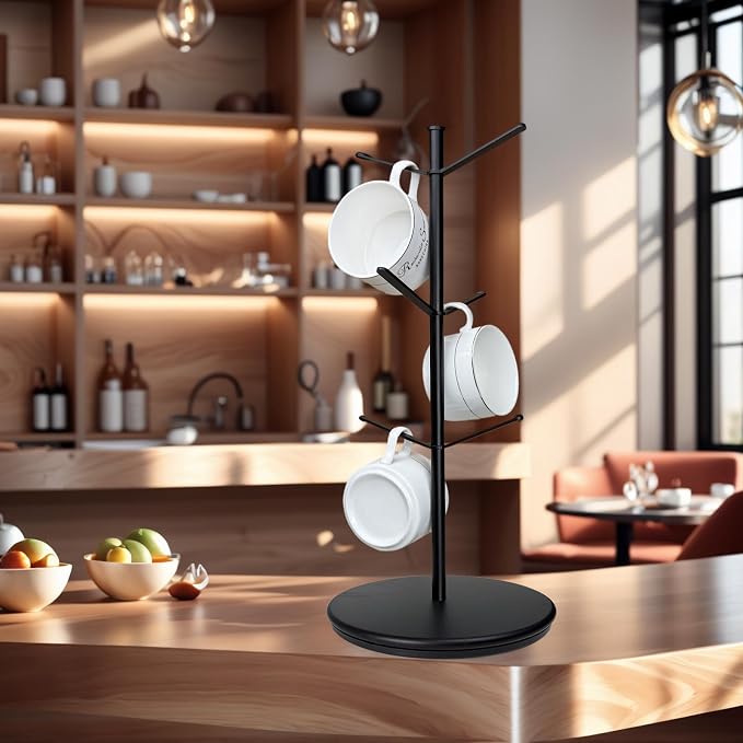 360° Rotating Mug Tree, 6 Hooks Upgraded Stable Metal Mug Holder, Bamboo Base - Image 3