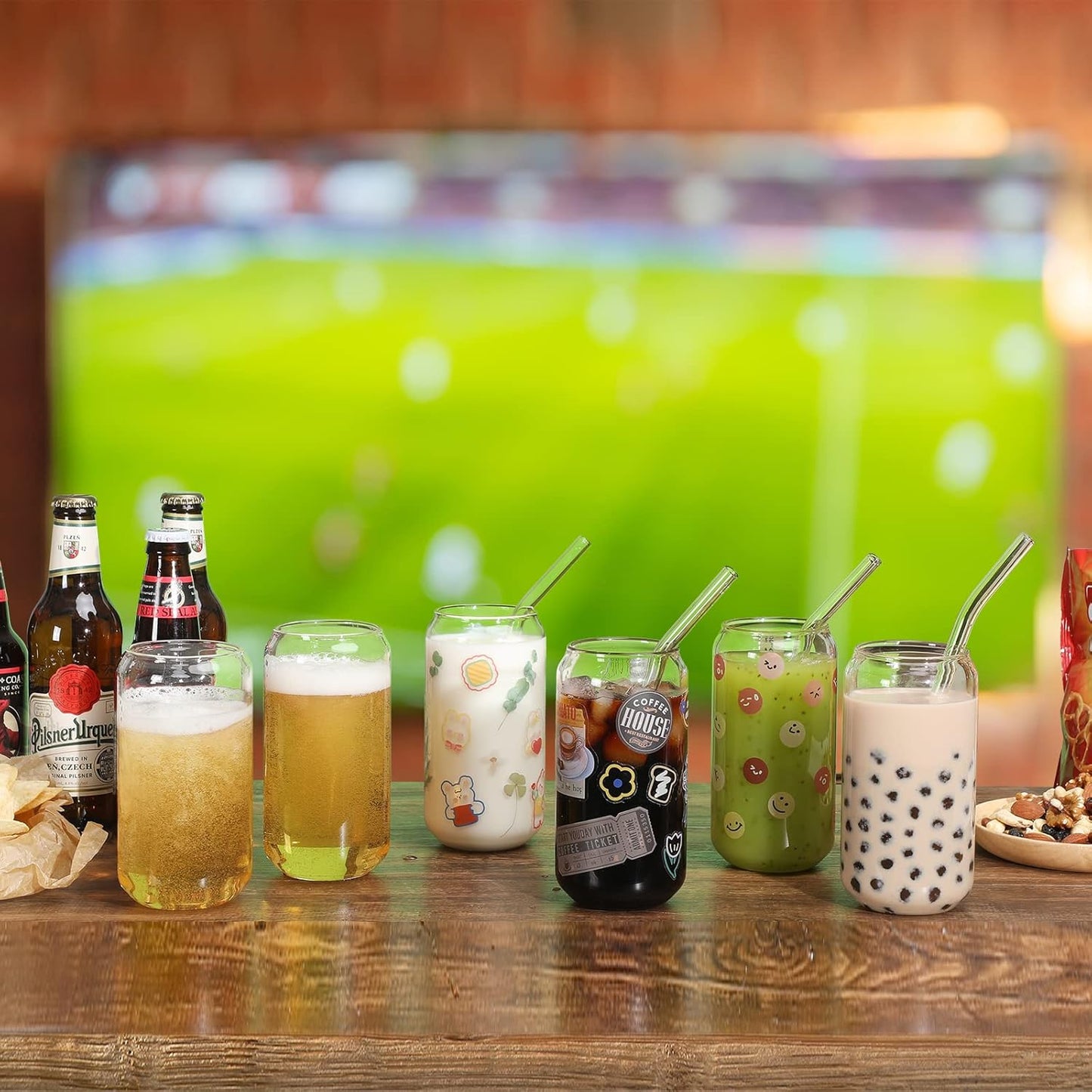 NETANY [ 8pcs Set ] Drinking Glasses with Glass Straw - 16oz Glass Cups, Beer Glasses, Iced Coffee Glasses, Cute Tumbler Cup, Ideal for Whiskey, Soda, Tea, Water, Gift - 2 Cleaning Brushes