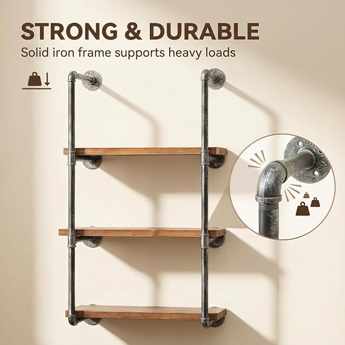 Industrial Wall Mounted Iron Floating Pipe Wood - Image 7