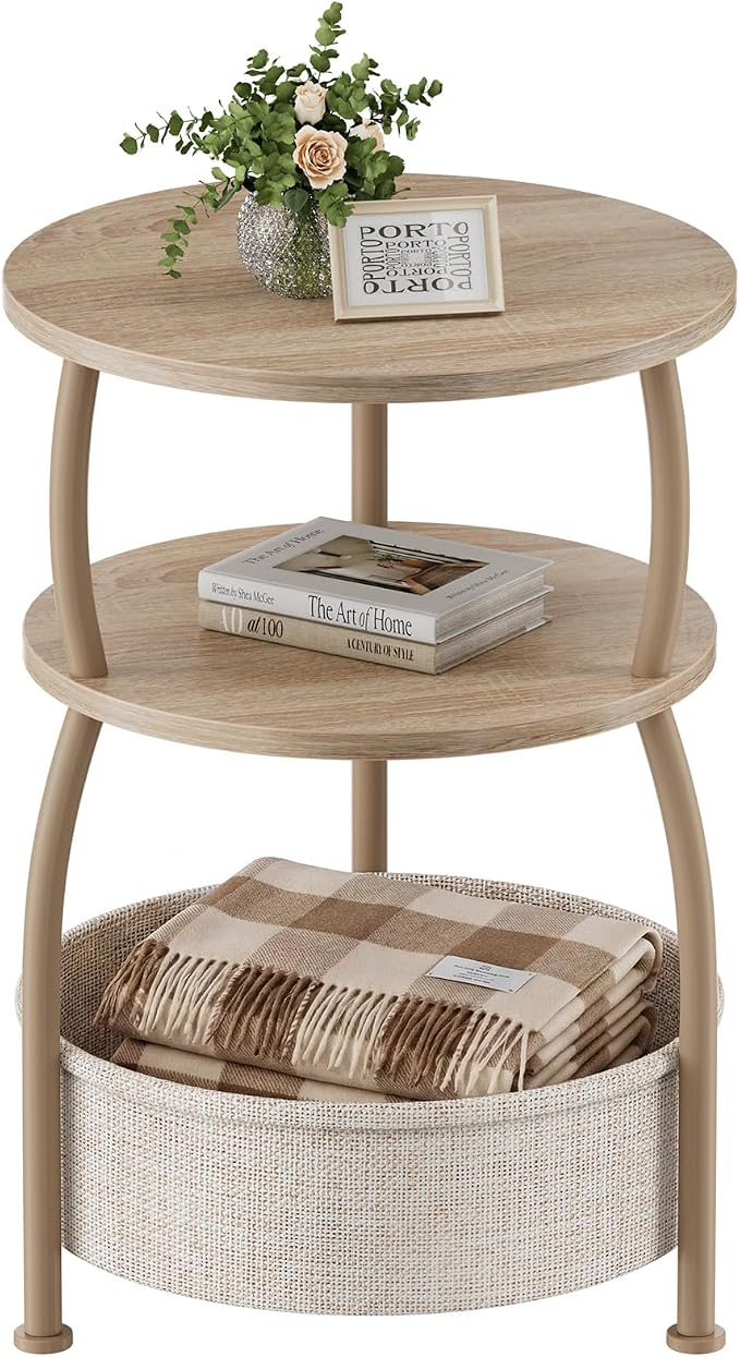 Round Side Table with Storage Basket, End Table Living Room | 3-Tier Bedside by designyourhome