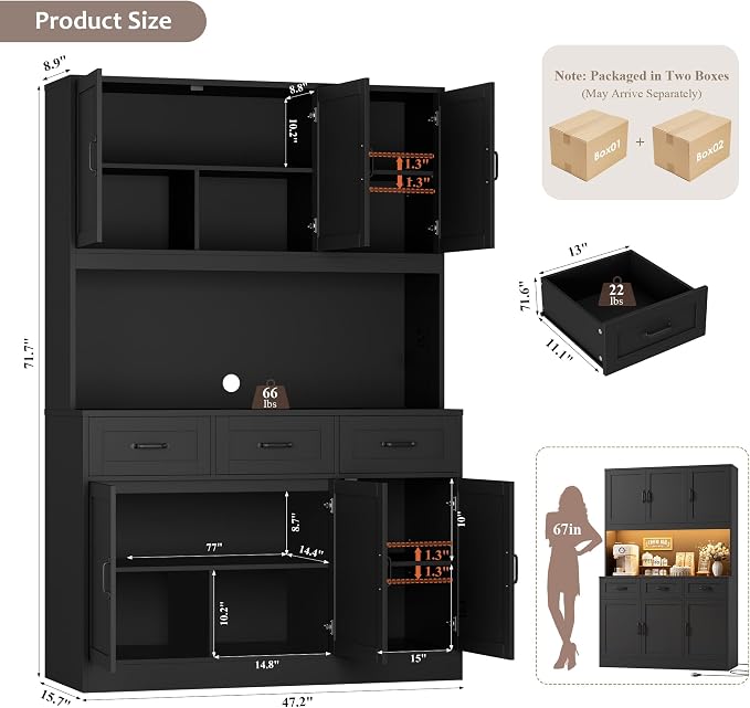 HOSTACK 72" Tall Kitchen Pantry Cabinet - Image 3