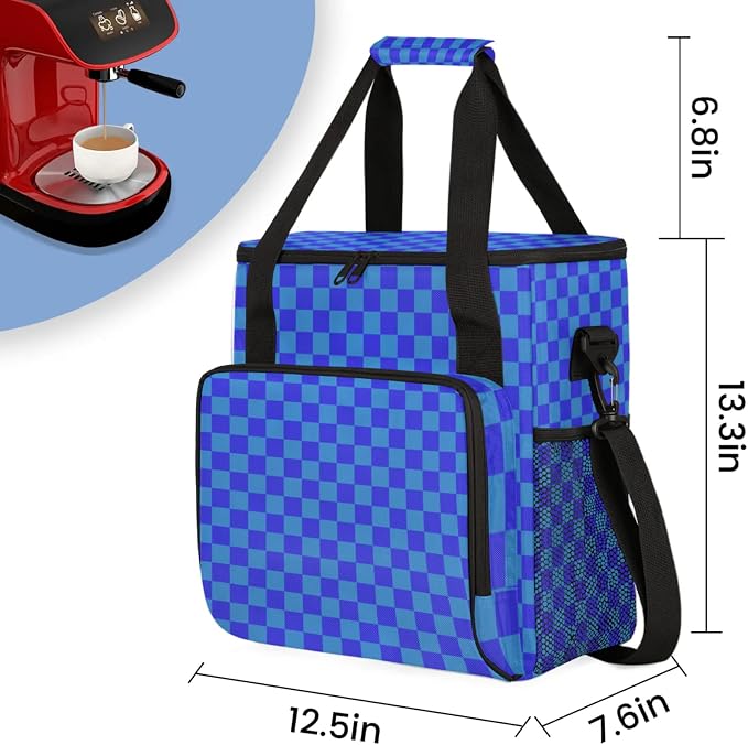 Checkerboard Blue Coffee Maker Carrying Bag, Waterproof Insulated Leakproof - Image 2