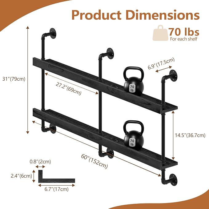 Wall Mounted Wine Rack with LED Light, LED Industrial Pipe Liquor Bar Shelves - Image 2