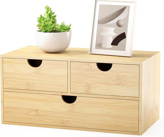 Bamboo Desk Organizer with Drawers - Small Desktop Countertop Mini Tabletop Storage Container - No Assembly Required