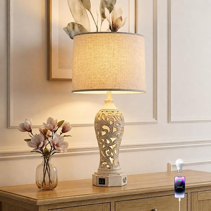 26.3’’ Dimmable Table Lamps, Hollow Out Resin Lamps | Distressed White Finish by NITEBEE