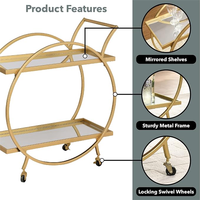 FirsTime & Co. Gold Odessa Bar Cart, 2 Tier Mobile Mini Bar, Kitchen Serving - Image 6