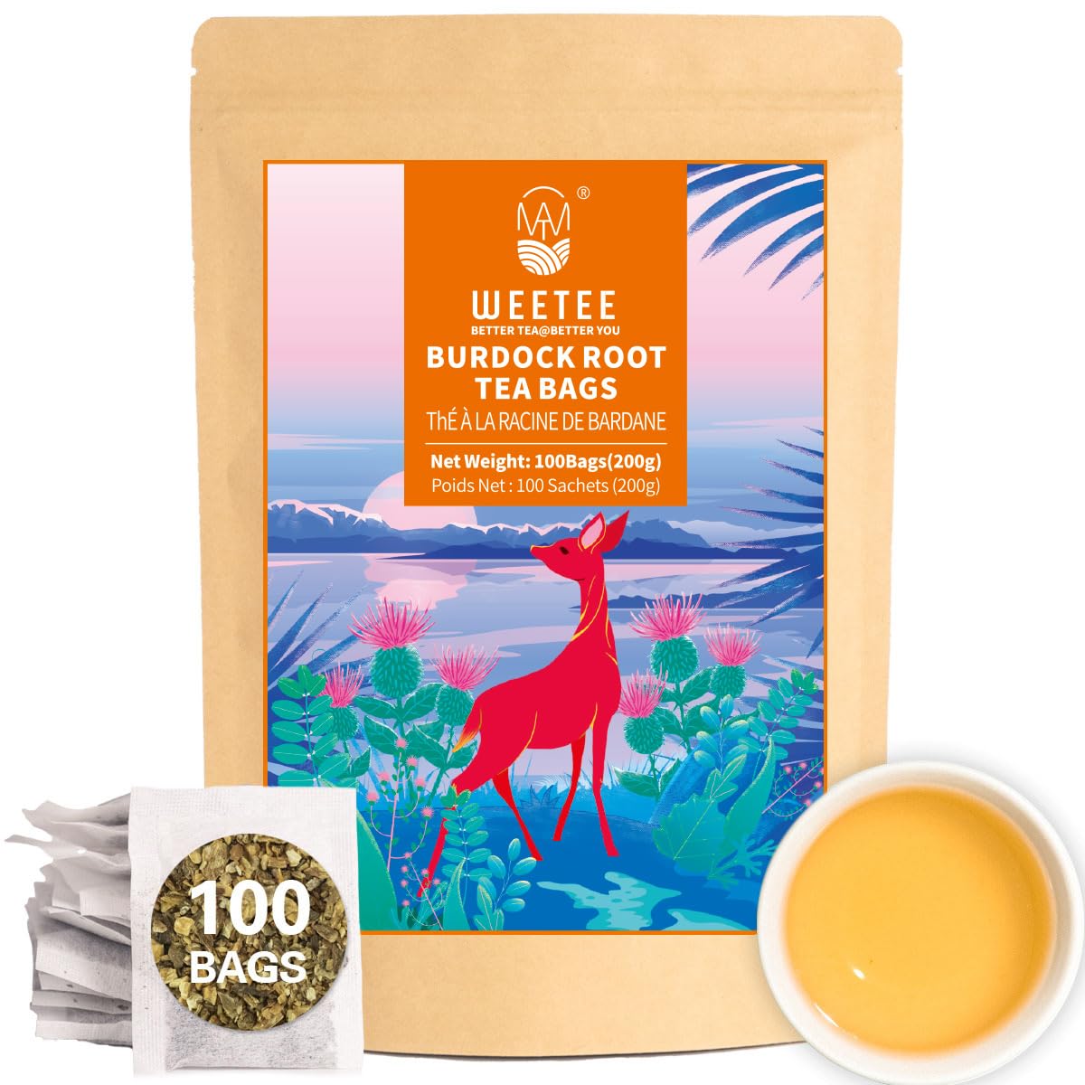 WT WEETEE Burdock Root Tea Bags, Made with 100% Pure Burdock Root, Rich in Antioxidants, Naturally Caffeine-free Herbal Tea, 100 Count