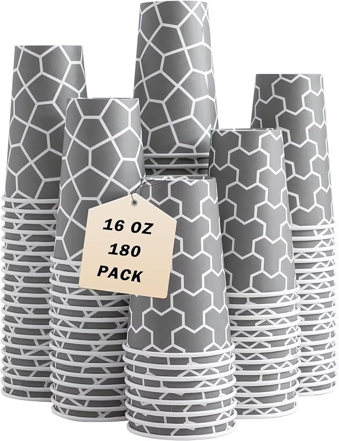 16 oz Coffee Cups 180 Pack, Disposable Coffee Cups Hot Paper Cups 16 oz by Huifany