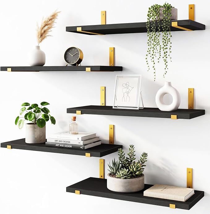 Fixwal Floating Black Gold Shelves Set of 5, Width 4.75 Inches Wall Shelves by Fixwal
