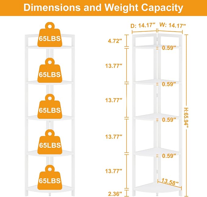 FATORRI Tall Corner Shelf, 5 Tier Modern Corner Bookshelf Stand, Wood and Metal - Image 2